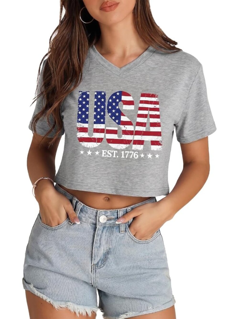 Women's Usa Gray Short Sleeve Basic V Neck Crop Tops Imported Casual T Shirts